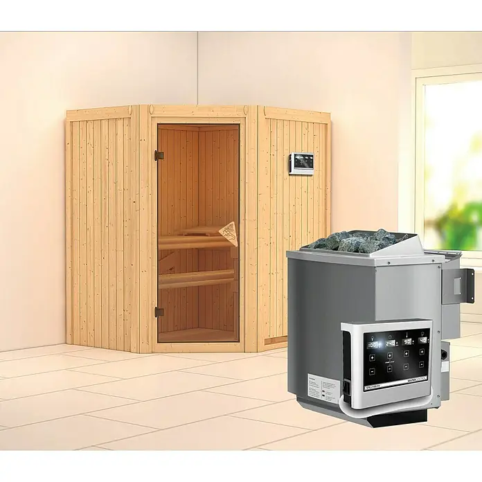 Karibu Elementsauna Taurin - Mit 9 kW Bio-Ofen mit externer Steuerung, Ohne Dachkranz, L x B x H: 170 x 151 x 192 cm - Ein luxuriöses Saunaerlebnis mit einer traditionellen Holzsauna und einem modernen Saunaofen mit Steinen und digitaler Steuerung.