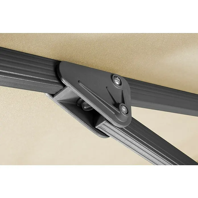 Schneider Classic Ampelschirm Rhodos Smart - Natur, Bespannungsmaß (L x B): 300 x 300 cm - Detailaufnahme eines grauen Verbindungsstücks, das zwei Metallstangen eines robusten Outdoor-Schattenspenders sicher zusammenhält.