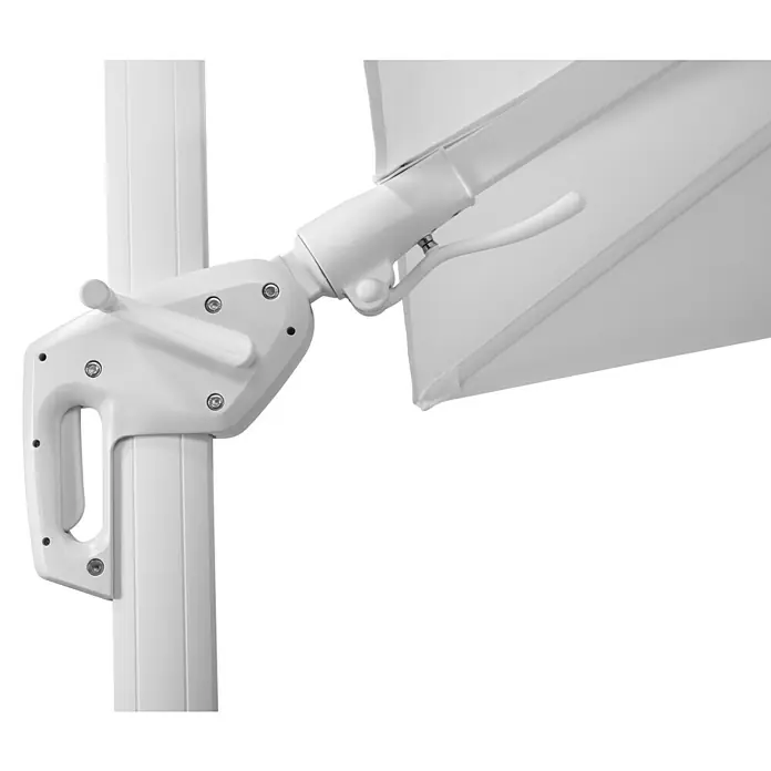 Schneider Classic Ampelschirm Rhodos Twist Bianco - Weiß, Bespannungsmaß (L x B): 300 x 300 cm - Nahaufnahme eines weißen Sonnenschirms, der einen detaillierten Blick auf den Schirmmechanismus und seine Konstruktion bietet.