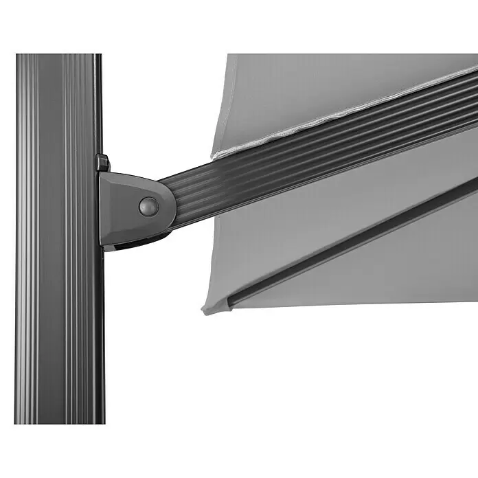 Schneider Classic Ampelschirm Rhodos Smart - Silbergrau, Bespannungsmaß (L x B): 300 x 300 cm - Nahaufnahme des Gelenkarms einer grauen Markise, befestigt an der gerippten Stütze, mit sichtbarem grauen Stoffdach.