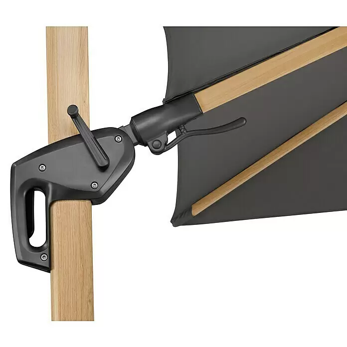 Schneider Classic Ampelschirm Rhodos Twist Woody - Anthrazit, Bespannungsmaß (L x B): 300 x 300 cm - Schwarzer Sonnenschirm-Kurbelmechanismus an hellem Holzpfahl, mit dunkelgrauem Stoff und Holzstreben.