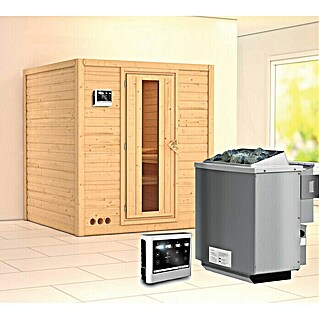 Karibu Elementsauna Mojave (Mit 9 kW Bio-Ofen mit externer Steuerung, Ohne Dachkranz, Materialspezifizierung Tür: Massivholztür, L x B x H: 196 x 196 x 192 cm)