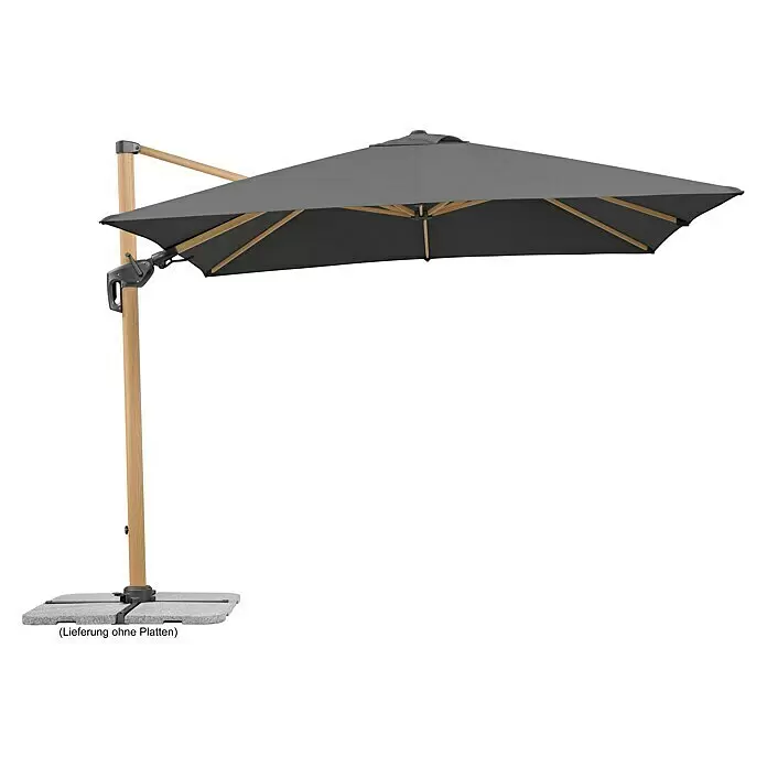 Schneider Classic Ampelschirm Rhodos Twist Woody - Anthrazit, Bespannungsmaß (L x B): 300 x 300 cm - Anthrazitfarbener Freiarmschirm mit Holzstamm und Kurbelmechanismus auf Kreuzfuß.