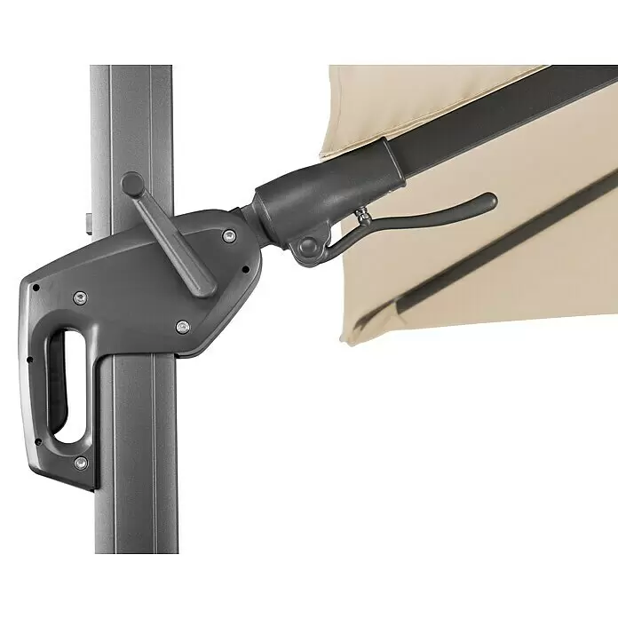 Schneider Classic Ampelschirm Rhodos Twist - Natur, Bespannungsmaß (L x B): 260 x 350 cm - Dunkelgrauer Schirmkurbelmechanismus und Tragarm mit beigem Stoffdach.
