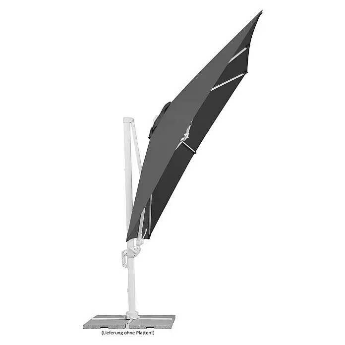 Schneider Classic Ampelschirm Rhodos Twist Bianco - Anthrazit, Bespannungsmaß (L x B): 300 x 300 cm - Dunkelgrauer Ampelschirm mit weißem Gestell, in zusammengeklapptem Zustand auf einer Basis.