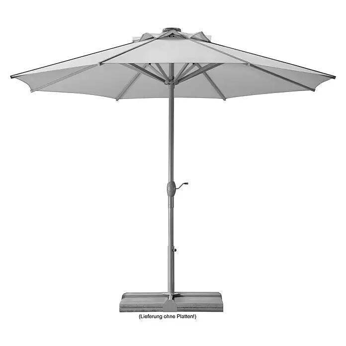 Schneider Classic Marktschirm rund Rooftop - Silbergrau, Durchmesser Bespannung: 350 cm - Grauer Gartenschirm mit geöffnetem Stoffdach, Metallstange und Standfußrahmen.