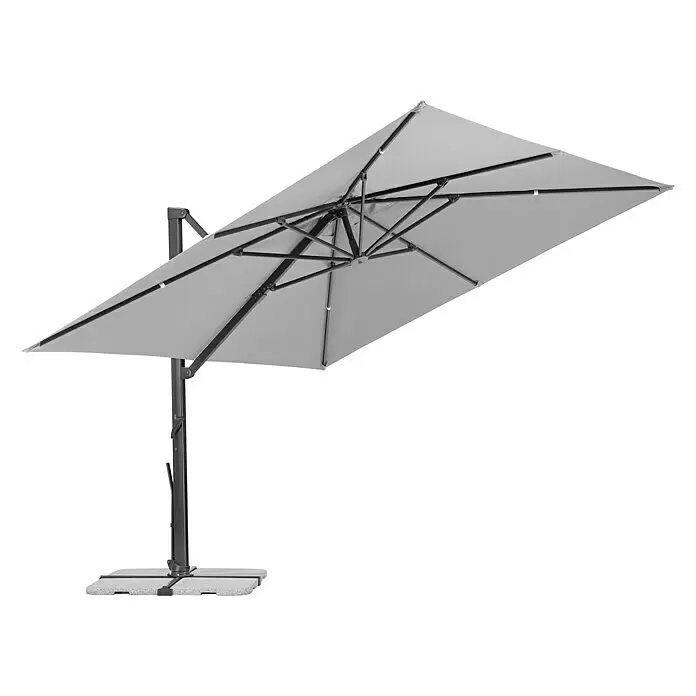 Schneider Classic Ampelschirm Rhodos Smart - Silbergrau, Bespannungsmaß (L x B): 300 x 300 cm - Rechteckiger grauer Ampelschirm mit dunklem Metallrahmen und Beschwerungsplatten.