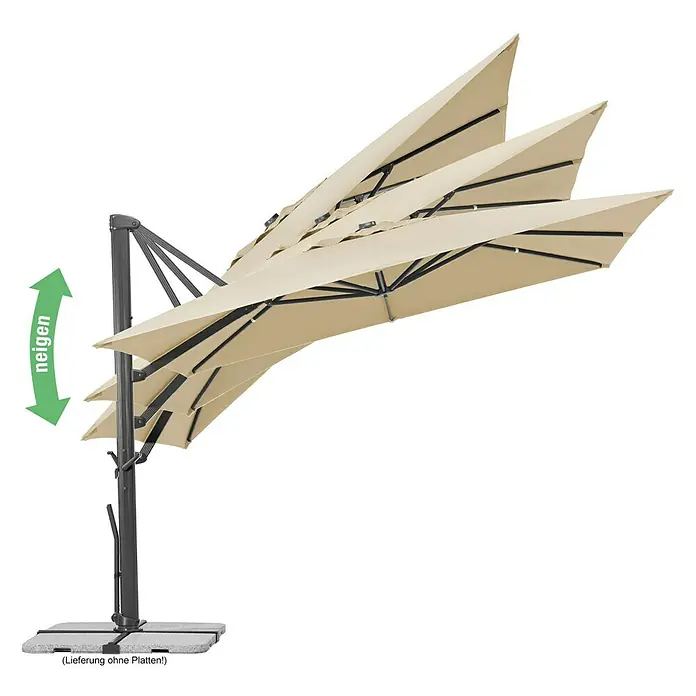 Schneider Classic Ampelschirm Rhodos Smart - Natur, Bespannungsmaß (L x B): 300 x 300 cm - Ein beigefarbener Sonnenschirm, der an einem grauen Ständer befestigt ist, mit einem grünen Pfeil, der die Neigungsfunktion des Schirms hervorhebt.