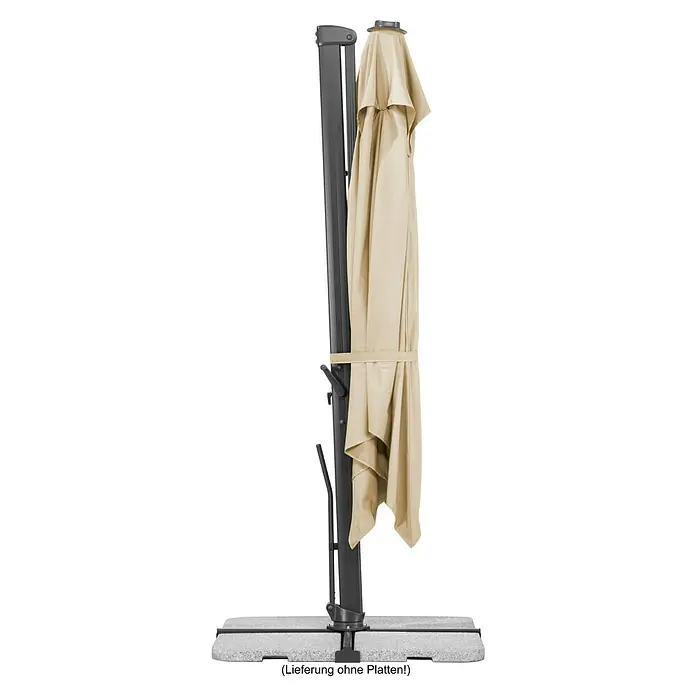 Schneider Classic Ampelschirm Rhodos Smart - Natur, Bespannungsmaß (L x B): 300 x 300 cm - Bild eines zusammengeklappten, beigen Sonnenschirms mit grauem Ständer auf Steinplatten.