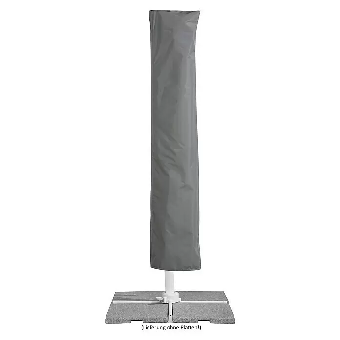 Schneider Classic Ampelschirm Rhodos Twist Bianco - Weiß, Bespannungsmaß (L x B): 300 x 300 cm - Graue Stoff-Schutzhülle für Sonnenschirme auf weißem Ständer mit kreuzförmigem Sockel aus vier grauen Betonplatten.