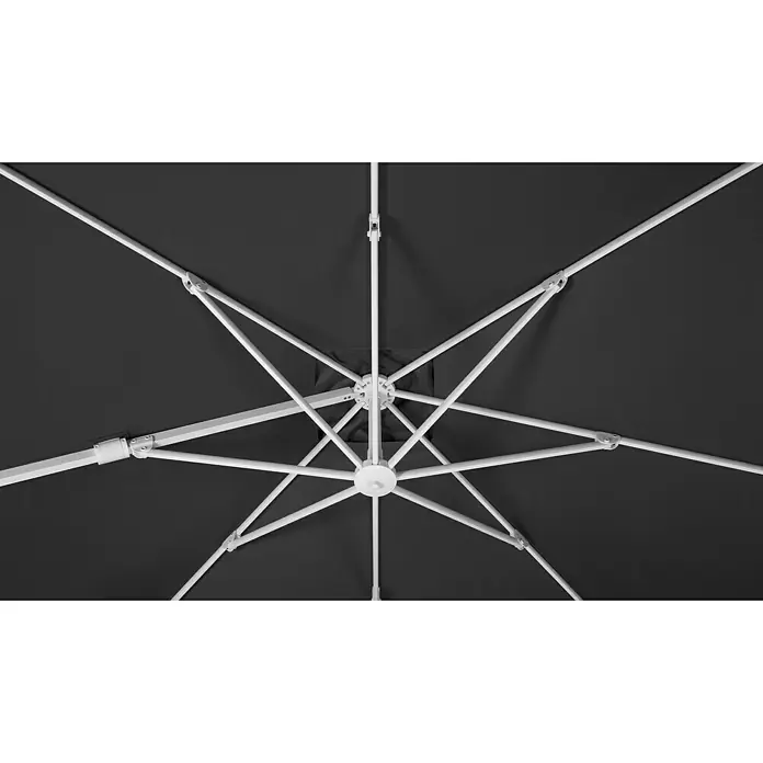 Schneider Classic Ampelschirm Rhodos Twist Bianco - Anthrazit, Bespannungsmaß (L x B): 300 x 300 cm - Innenansicht eines geöffneten, grauen Sonnenschirms mit weißem Gestänge.