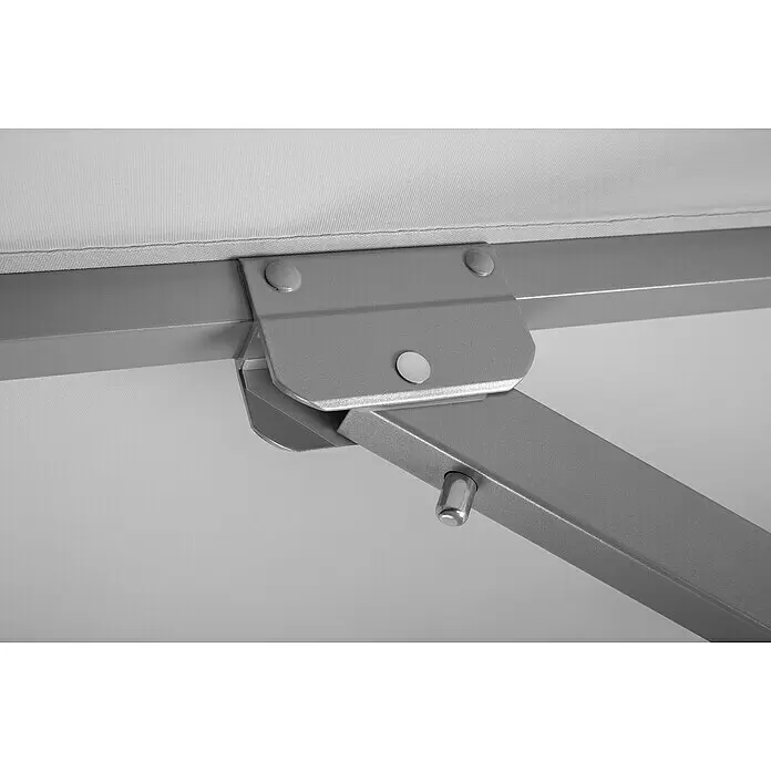 Schneider Classic Marktschirm rund Rooftop - Silbergrau, Durchmesser Bespannung: 350 cm - Graue metallische Halterung und Armverbindung, die an weißem Stoff befestigt ist und diesen stützt.
