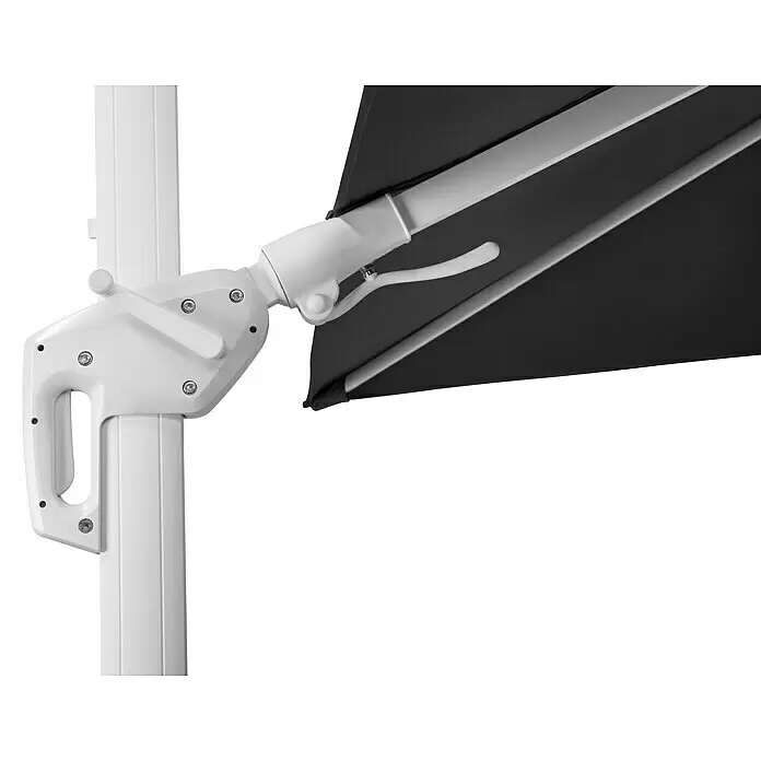 Schneider Classic Ampelschirm Rhodos Twist Bianco - Anthrazit, Bespannungsmaß (L x B): 300 x 300 cm - Weißes verstellbares Gelenk eines Outdoor-Sonnenschirms/Vordachs mit Griff und dunkelgrauem Stoff.
