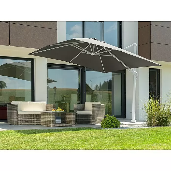 Schneider Classic Ampelschirm Rhodos Twist Bianco - Anthrazit, Bespannungsmaß (L x B): 300 x 300 cm - Großer grauer Freiarmschirm beschattet Outdoor-Patiomöbel. Sein versetztes Design hält den Fuß fern, ideal zum Entspannen.