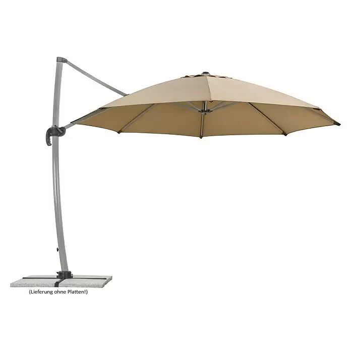 Schneider Classic Ampelschirm rund Rhondos Rondo - Sand, Durchmesser Bespannung: 350 cm - Beiger Ampelschirm mit grauem Metallgestell und Kreuzfuß für den Außenbereich.