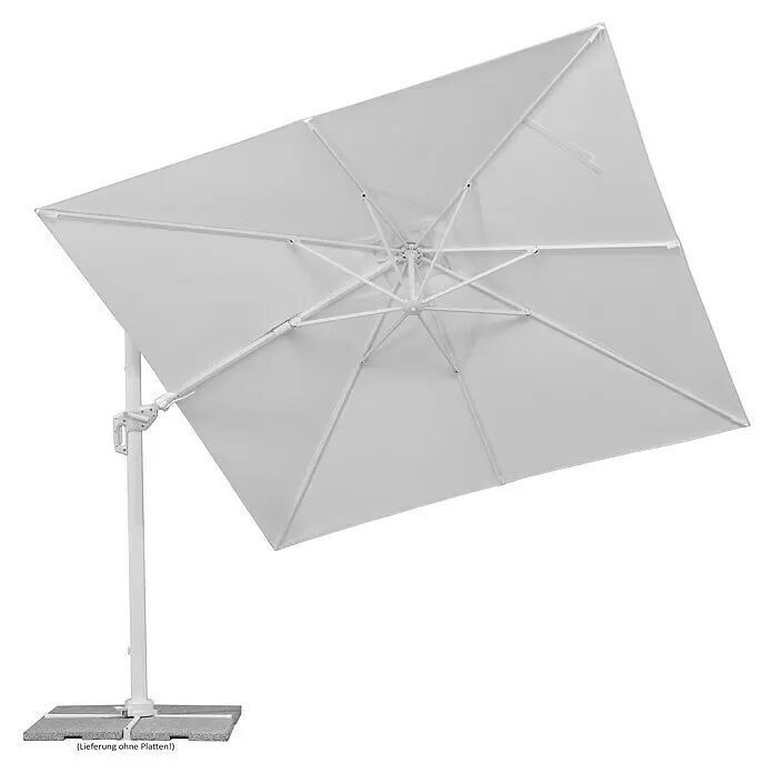 Schneider Classic Ampelschirm Rhodos Twist Bianco - Weiß, Bespannungsmaß (L x B): 300 x 300 cm - Weißer Freiarmschirm, geneigt, mit robustem Sockel.