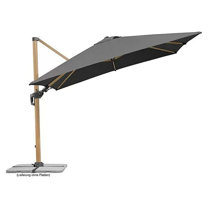 Schneider Classic Ampelschirm Rhodos Twist Woody - Anthrazit, Bespannungsmaß (L x B): 300 x 300 cm - Dunkelgrauer Ampelschirm mit hellem Holzständer und Plattenfuß.