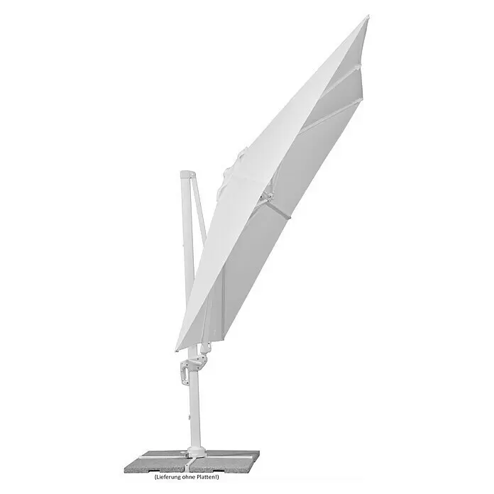 Schneider Classic Ampelschirm Rhodos Twist Bianco - Weiß, Bespannungsmaß (L x B): 300 x 300 cm - Weißer Ampelschirm mit grauem Plattenständer.