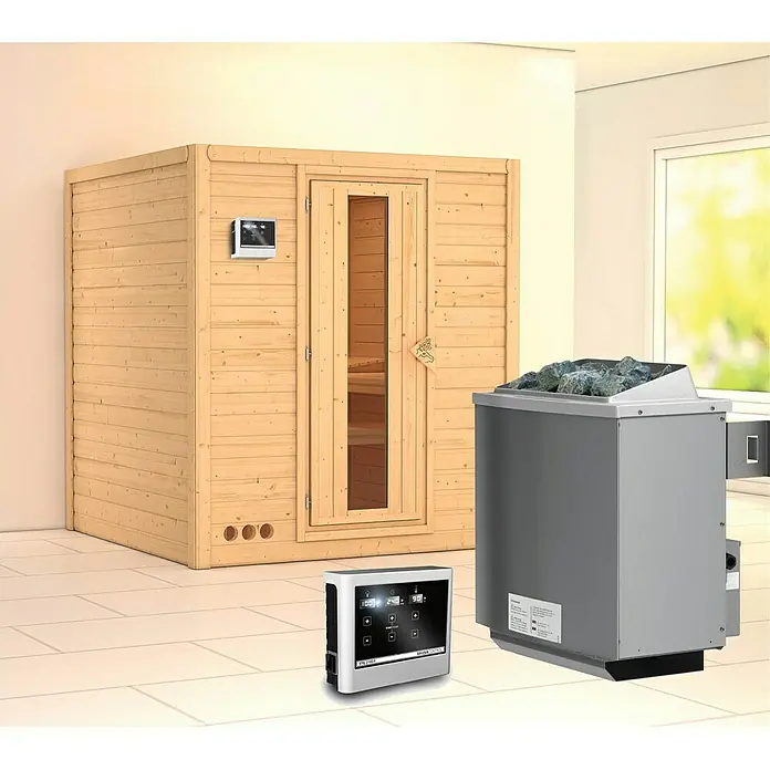 Karibu Elementsauna Mojave - Mit 9 kW Ofen mit externer Steuerung, Ohne Dachkranz, Materialspezifizierung Tür: Massivholztür, L x B x H: 196 x 196 x 192 cm - Produktansicht einer Sauna mit Heizgerät und Steuerung, ideal für Entspannung und Wellness zu Hause.