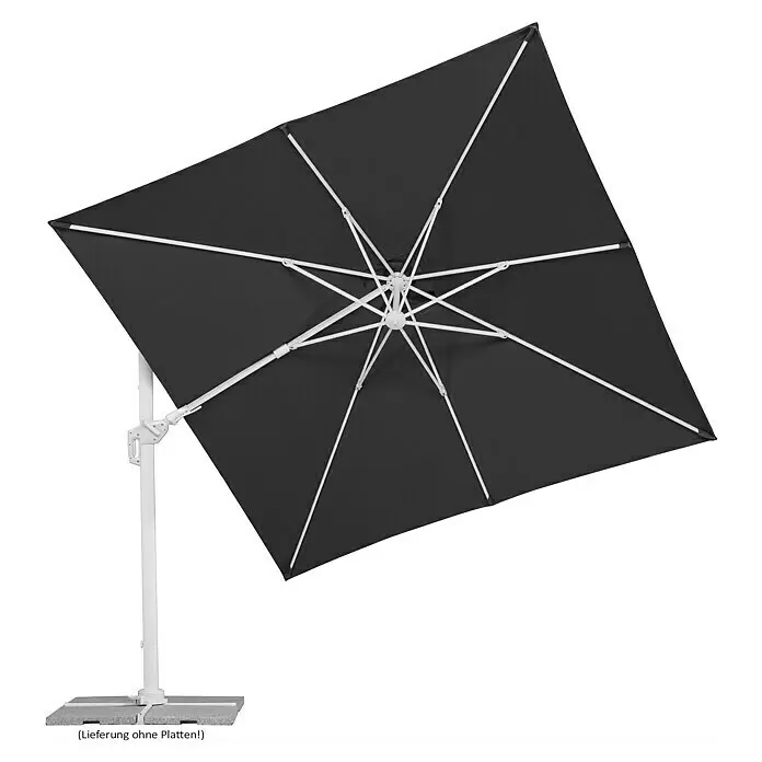 Schneider Classic Ampelschirm Rhodos Twist Bianco - Anthrazit, Bespannungsmaß (L x B): 300 x 300 cm - Schwarzer quadratischer Ampelschirm mit weißem Gestell und Kreuzfuß, von unten gesehen.