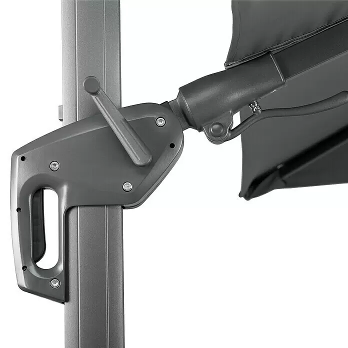 Schneider Classic Ampelschirm Rhodos Twist - Anthrazit, Bespannungsmaß (L x B): 260 x 350 cm - Dunkelgrauer Kurbelmechanismus und Arm eines Sonnenschirms an einer silbernen Stange befestigt.