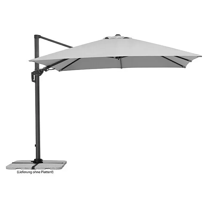 Schneider Classic Ampelschirm Rhodos Twist - Silbergrau, Bespannungsmaß (L x B): 300 x 300 cm - Grauer Freiarmschirm mit dunkelgrauem Gestell und vierteiligem Sockel.