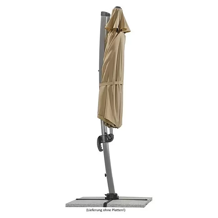 Schneider Classic Ampelschirm rund Rhondos Rondo - Sand, Durchmesser Bespannung: 350 cm - Geschlossener beigefarbener Ampelschirm mit grauem Mast und Kurbelmechanismus, auf einem grauen Plattenfuß stehend.