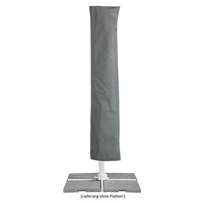 Schneider Classic Ampelschirm Rhodos Twist Bianco - Anthrazit, Bespannungsmaß (L x B): 300 x 300 cm - Graue Schutzhülle für einen Stehschirm, gestützt durch einen weißen Sockel und vier graue Gewichte.
