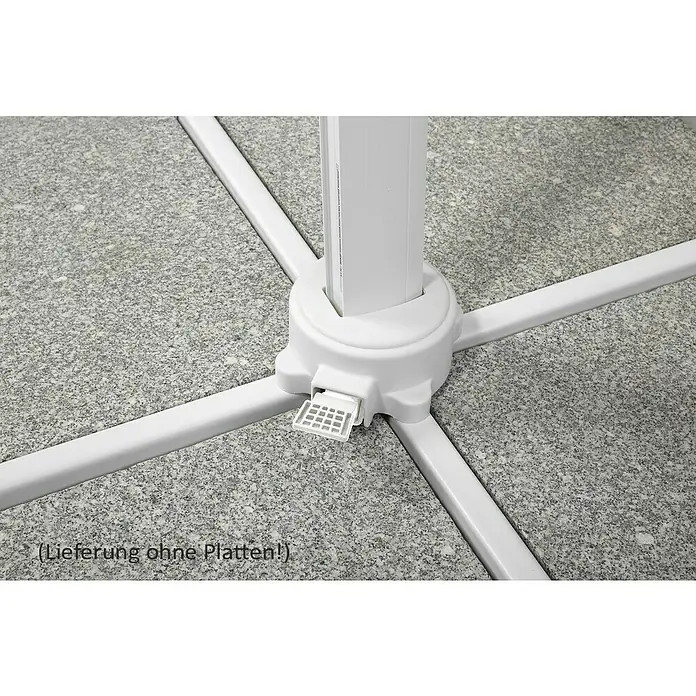 Schneider Classic Ampelschirm Rhodos Twist Bianco - Anthrazit, Bespannungsmaß (L x B): 300 x 300 cm - Detailaufnahme eines weißen Sonnenschirmständers auf grauem Untergrund, der eine stabile Basis für Sonnenschirme im Freien bietet.