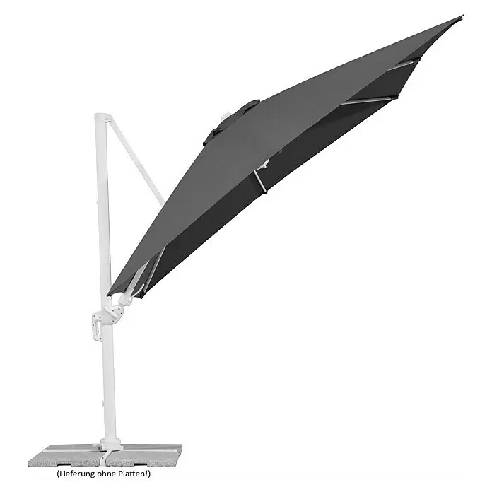 Schneider Classic Ampelschirm Rhodos Twist Bianco - Anthrazit, Bespannungsmaß (L x B): 300 x 300 cm - Dunkelgrauer Ampelschirm mit weißem Gestell und seitlichem Mast, schattenspendend angewinkelt. Auf einem Kreuzfuß.