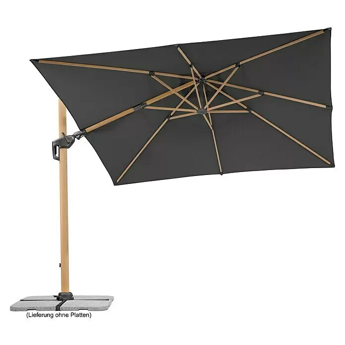Schneider Classic Ampelschirm Rhodos Twist Woody - Anthrazit, Bespannungsmaß (L x B): 300 x 300 cm - Dunkelgrauer, rechteckiger Ampelschirm mit hellem Holzstamm und Streben, auf grauem Sockel.