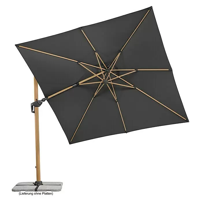 Schneider Classic Ampelschirm Rhodos Twist Woody - Anthrazit, Bespannungsmaß (L x B): 300 x 300 cm - Quadratischer schwarzer Ampelschirm mit Holzgestell und grauem Kreuzfuß.