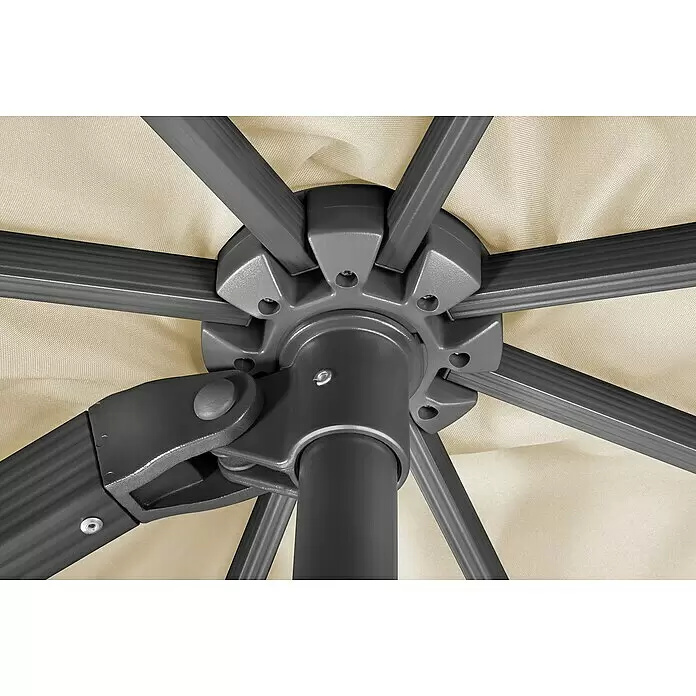 Schneider Classic Ampelschirm Rhodos Smart - Natur, Bespannungsmaß (L x B): 300 x 300 cm - Unterseite eines beigefarbenen Schirmdachs mit dunkelgrauen Metallstreben und zentraler Nabe.