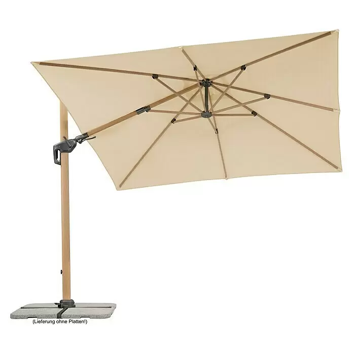 Schneider Classic Ampelschirm Rhodos Twist Woody - Natur, Bespannungsmaß (L x B): 300 x 300 cm - Rechteckiger beiger Ampelschirm mit Holzständer und -gestell, auf grauem Kreuzfuß.