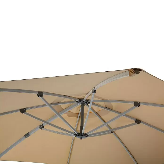 Schneider Classic Ampelschirm rund Rhondos Rondo - Sand, Durchmesser Bespannung: 350 cm - Unterseite eines beigefarbenen Sonnenschirms mit grauem Metallrahmen und Streben.