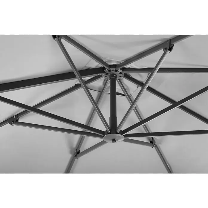Schneider Classic Ampelschirm Rhodos Twist - Silbergrau, Bespannungsmaß (L x B): 300 x 300 cm - Detailaufnahme der soliden Metallstruktur eines Sonnenschirms, die für Stabilität und Langlebigkeit sorgt.