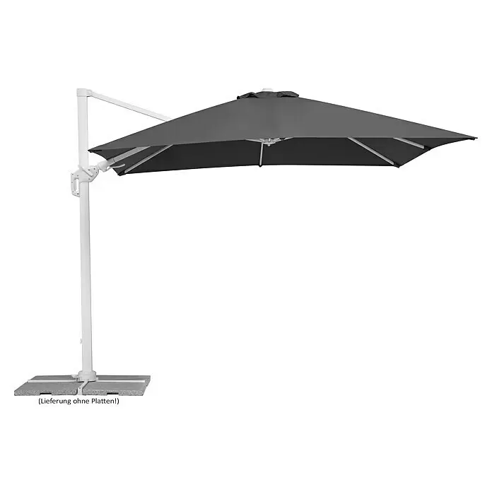 Schneider Classic Ampelschirm Rhodos Twist Bianco - Anthrazit, Bespannungsmaß (L x B): 300 x 300 cm - Dunkelgrauer Ampelschirm mit weißem Gestell und grauem Standfuß.