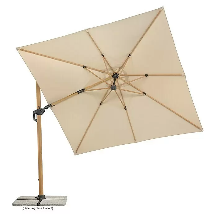 Schneider Classic Ampelschirm Rhodos Twist Woody - Natur, Bespannungsmaß (L x B): 300 x 300 cm - Beiger quadratischer Ampelschirm mit Holzständer und Gestell auf einer Basis für Beschwerungsplatten.