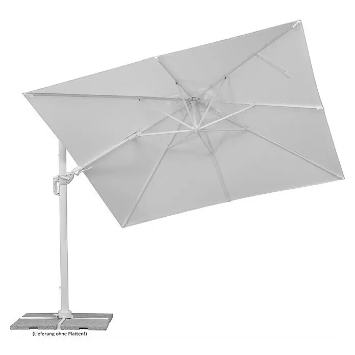 Schneider Classic Ampelschirm Rhodos Twist Bianco - Weiß, Bespannungsmaß (L x B): 300 x 300 cm - Weißer quadratischer Ampelschirm mit stabilem Seitenmast und Metallgestell, auf Basisständer.