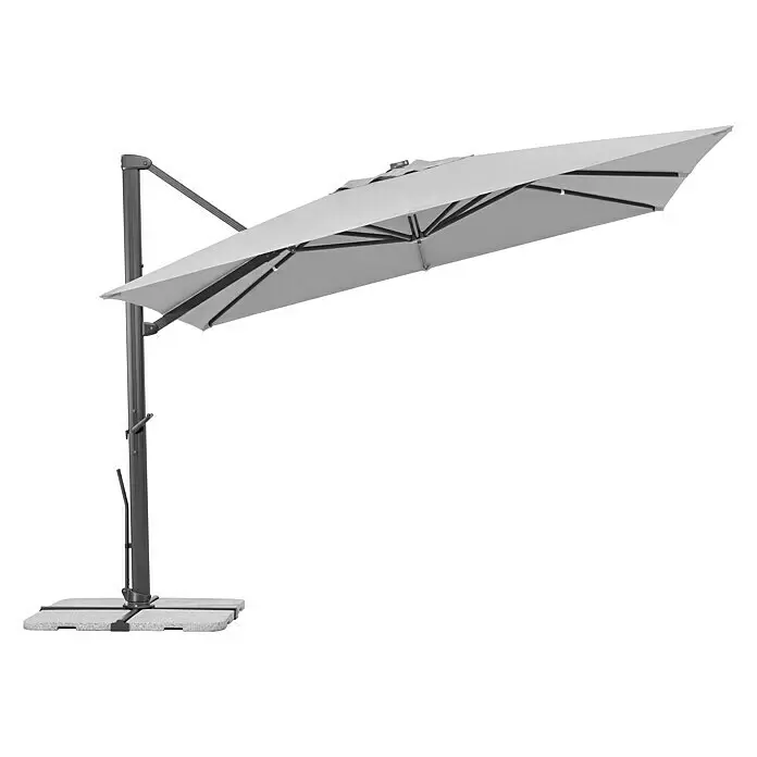 Schneider Classic Ampelschirm Rhodos Smart - Silbergrau, Bespannungsmaß (L x B): 300 x 300 cm - Großer grauer Freiarmschirm mit rechteckigem Dach und grauem Standfuß.