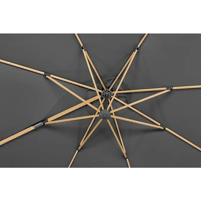 Schneider Classic Ampelschirm Rhodos Twist Woody - Anthrazit, Bespannungsmaß (L x B): 300 x 300 cm - Blick von unten auf einen grauen Gartenschirm mit Holzstreben und schwarzer Mechanik. Der Sonnenschirm bietet Schutz vor der Sonne.
