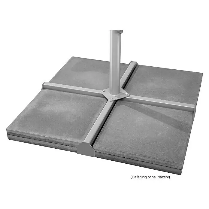 Schneider Classic Marktschirm rund Rooftop - Silbergrau, Durchmesser Bespannung: 350 cm - Grauer, kreuzförmiger Metall-Schirmständerfuß, der mit vier Gehwegplatten beschwert wird.