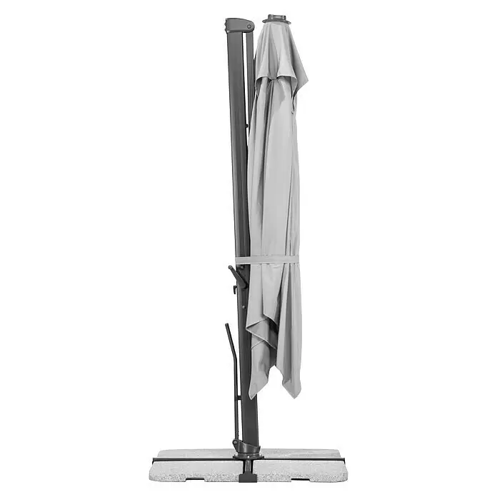 Schneider Classic Ampelschirm Rhodos Smart - Silbergrau, Bespannungsmaß (L x B): 300 x 300 cm - Geschlossener grauer Ampelschirm mit dunkelgrauem Metallrahmen und Bodenplatten.
