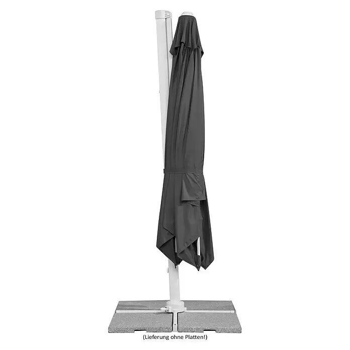 Schneider Classic Ampelschirm Rhodos Twist Bianco - Anthrazit, Bespannungsmaß (L x B): 300 x 300 cm - Geschlossener dunkelgrauer Gartenschirm mit weißem Mast auf einem Standfußgestell. Bodenplatten sind nicht enthalten.