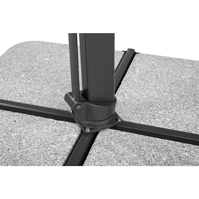 Schneider Classic Ampelschirm Rhodos Smart - Silbergrau, Bespannungsmaß (L x B): 300 x 300 cm - Nahaufnahme des Sockels und des Ständers eines Sonnenschirms, der auf einer grauen, gesprenkelten Oberfläche steht.