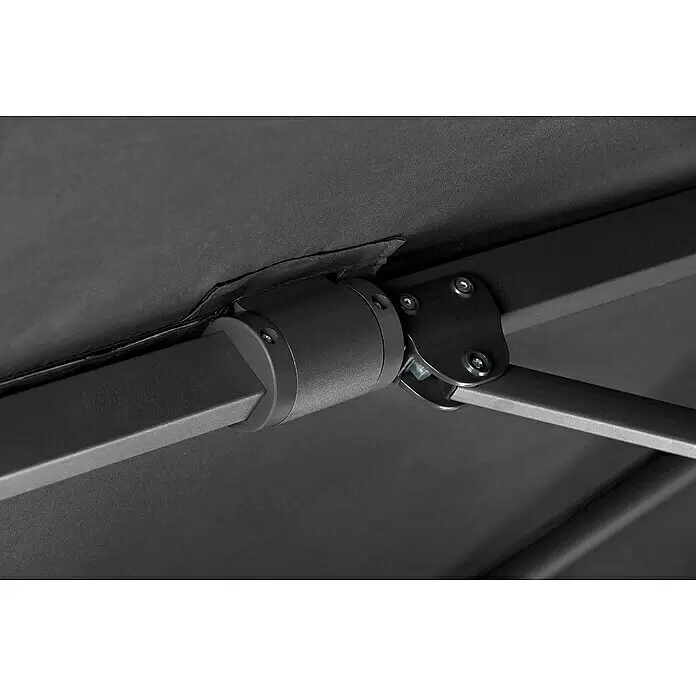 Schneider Classic Ampelschirm Rhodos Twist - Anthrazit, Bespannungsmaß (L x B): 260 x 350 cm - Dunkelgraues Stoffdach mit internem schwarzem Metallrahmen und Scharniermechanismus. Das Gelenk zeigt Schrauben und einen Entriegelungshebel.