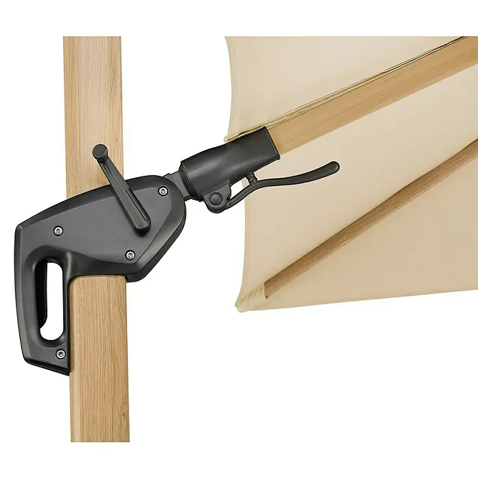 Schneider Classic Ampelschirm Rhodos Twist Woody - Natur, Bespannungsmaß (L x B): 300 x 300 cm - Nahaufnahme eines Sonnenschirms mit einem Kurbelmechanismus zur einfachen Bedienung und Neigungseinstellung.