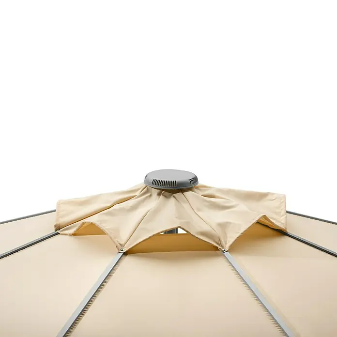 Schneider Classic Marktschirm rund Rooftop - Natur, Durchmesser Bespannung: 350 cm - Nahaufnahme des Gazebo-Dachs mit beigem Stoffbezug und grauer Belüftungsöffnung.