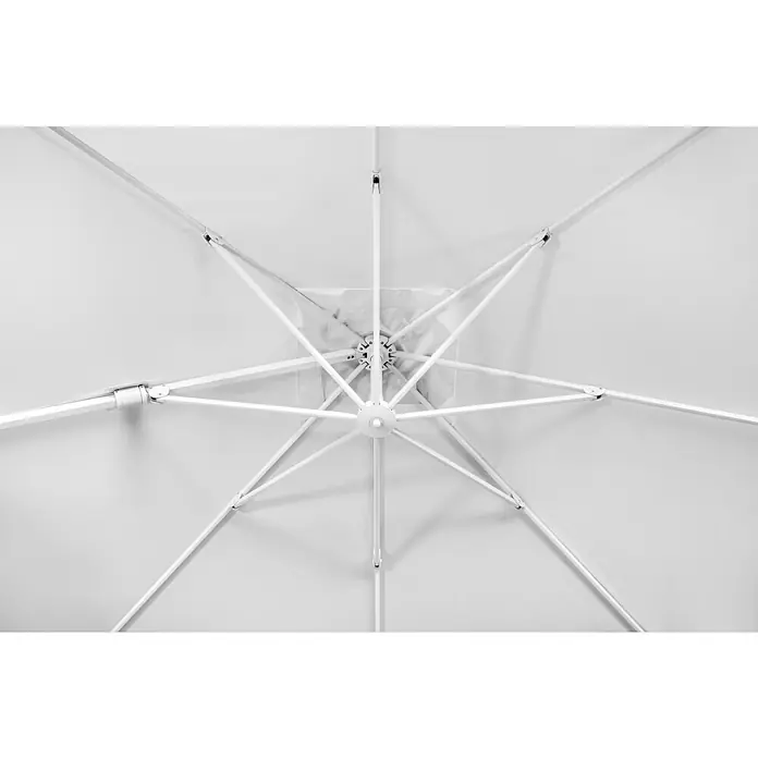 Schneider Classic Ampelschirm Rhodos Twist Bianco - Weiß, Bespannungsmaß (L x B): 300 x 300 cm - Blick von unten auf einen weißen Sonnenschirm, der das filigrane Gestänge und die Konstruktion des Schirms zeigt.