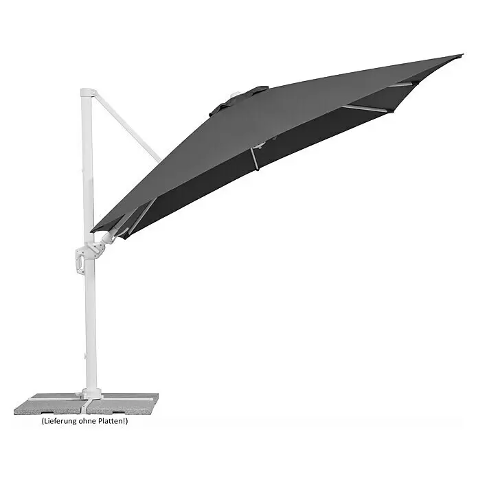 Schneider Classic Ampelschirm Rhodos Twist Bianco - Anthrazit, Bespannungsmaß (L x B): 300 x 300 cm - Dunkelgrauer Ampelschirm mit weißem Gestell und Kreuzfuß, schattenspendend angewinkelt.